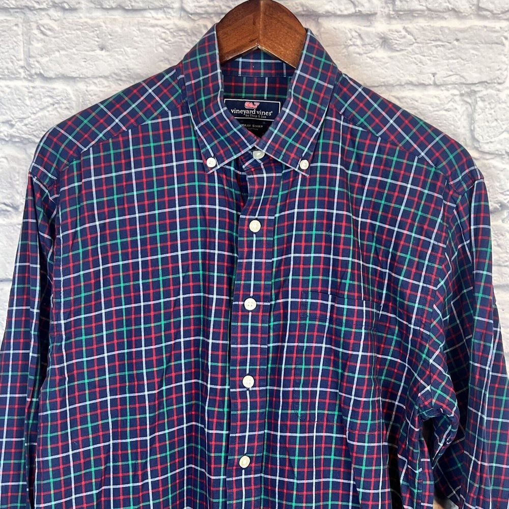 Vineyard Vines Men Blue‎ Murray Whale Button Flannel Plaid Long Sleeve Sz Medium